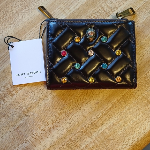 Kurt Geiger NWT Black Quilted Rhinestone Snap Wallet With Box - Picture 3 of 8